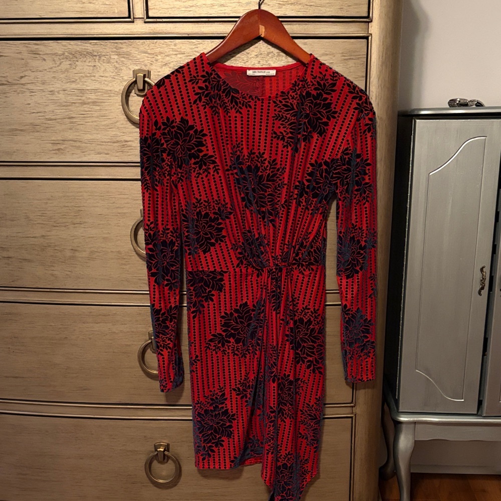 Zara burnt orange and deep green long Sleeve Floral Dress